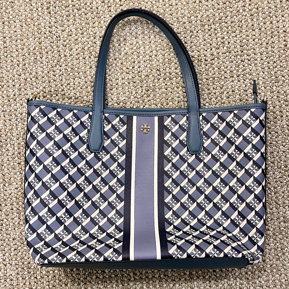 Blue And White Tory Burch Geo Logo Zip Tote Bag